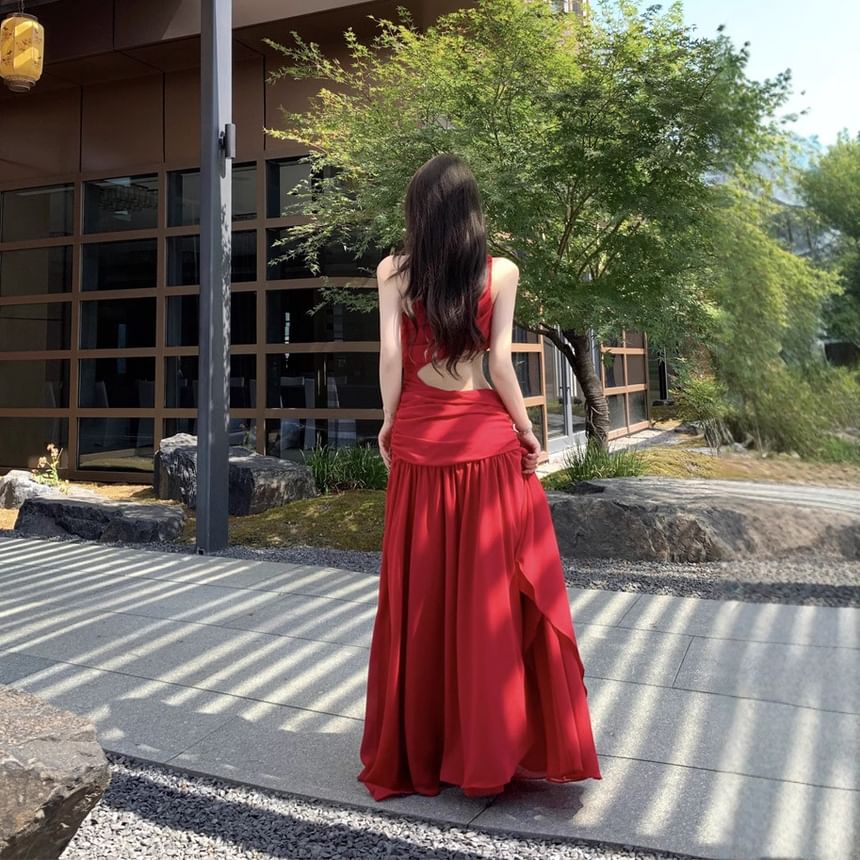 One A-Line Plain Maxi Ruched Sleeveless Shoulder Dress