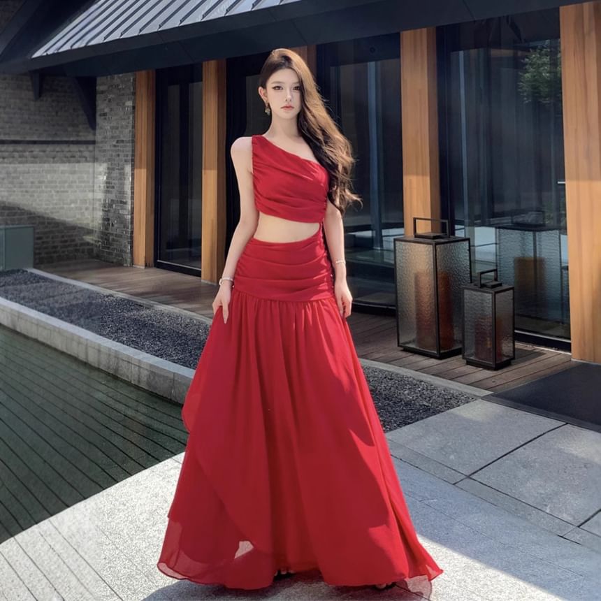 One A-Line Plain Maxi Ruched Sleeveless Shoulder Dress