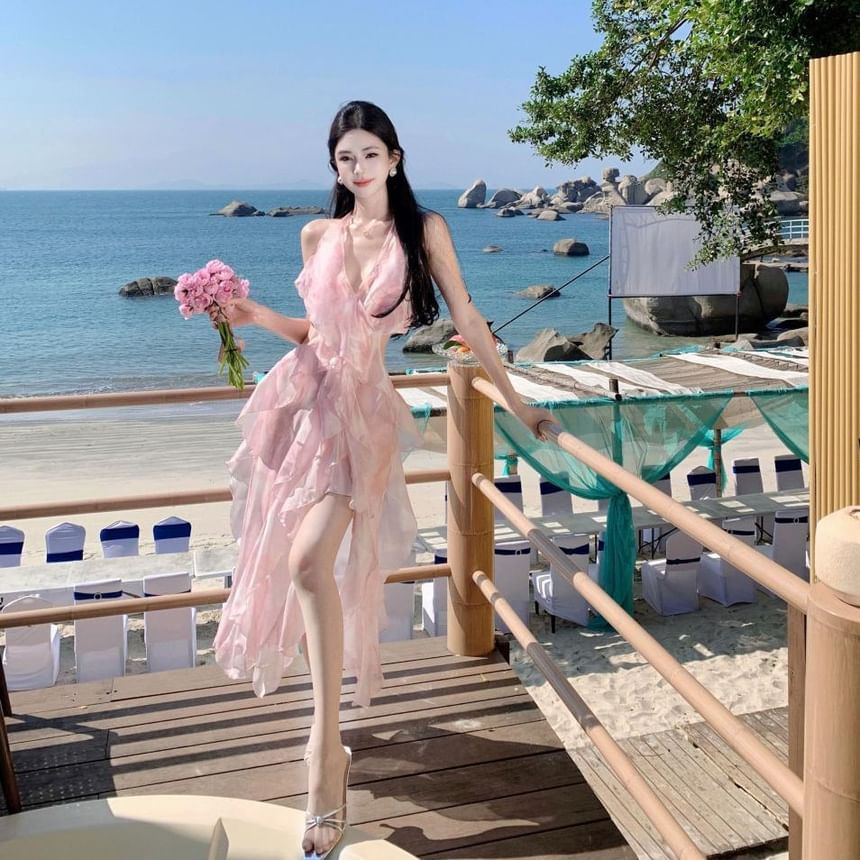 Crop V-Neck A-Line Waist Midi Floral Set: High Skirt Halter Top +