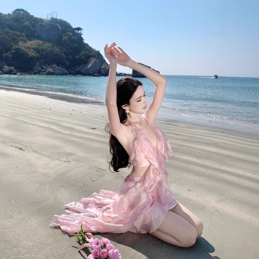 Crop V-Neck A-Line Waist Midi Floral Set: High Skirt Halter Top +