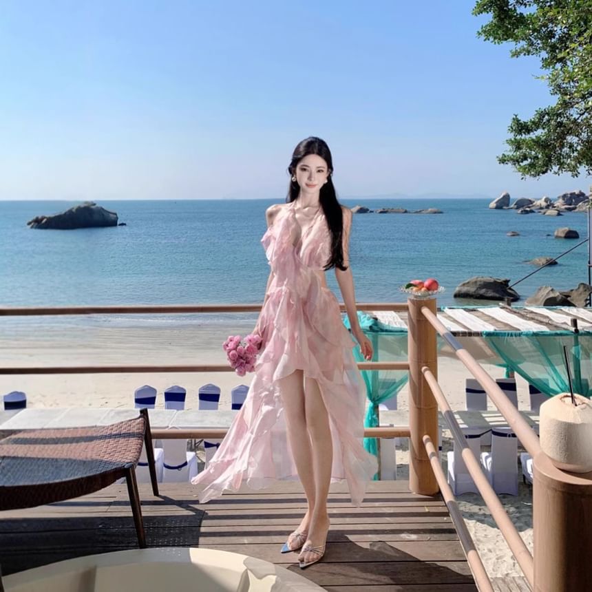 Crop V-Neck A-Line Waist Midi Floral Set: High Skirt Halter Top +