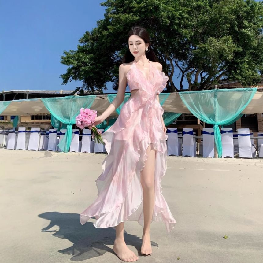 Crop V-Neck A-Line Waist Midi Floral Set: High Skirt Halter Top +