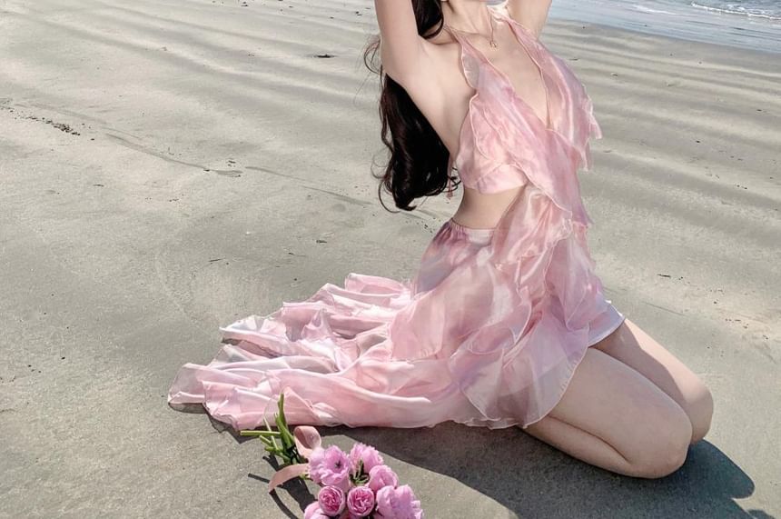 Crop V-Neck A-Line Waist Midi Floral Set: High Skirt Halter Top +