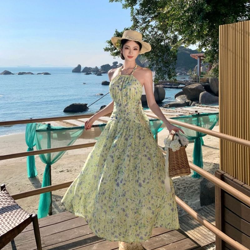 Midi Print Dress Neck Halter A-Line Flower