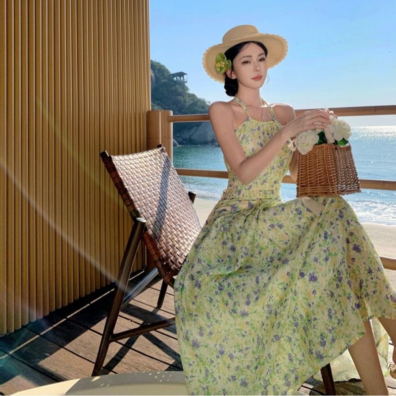 Midi Print Dress Neck Halter A-Line Flower