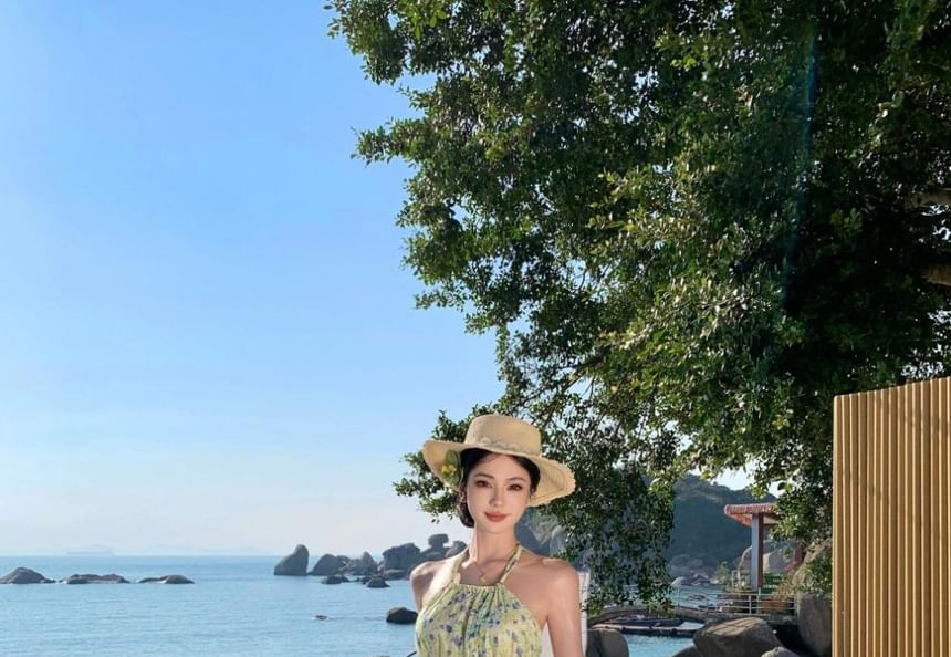 Midi Print Dress Neck Halter A-Line Flower