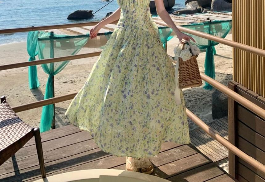 Midi Print Dress Neck Halter A-Line Flower