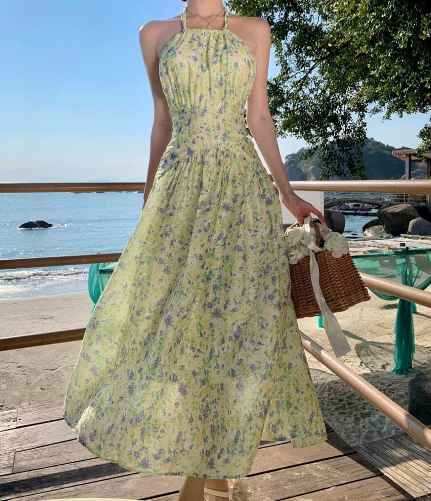 Midi Print Dress Neck Halter A-Line Flower