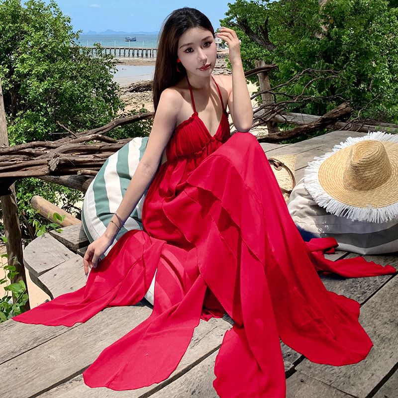 Plain Strap Spaghetti Maxi Neck Trim Ruffle Halter Dress A-Line