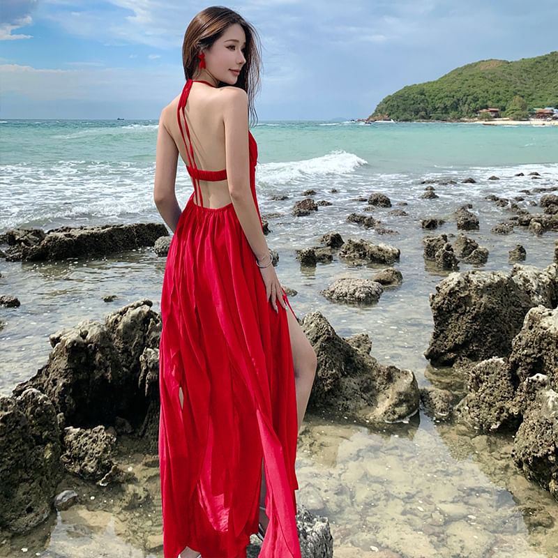 Plain Strap Spaghetti Maxi Neck Trim Ruffle Halter Dress A-Line