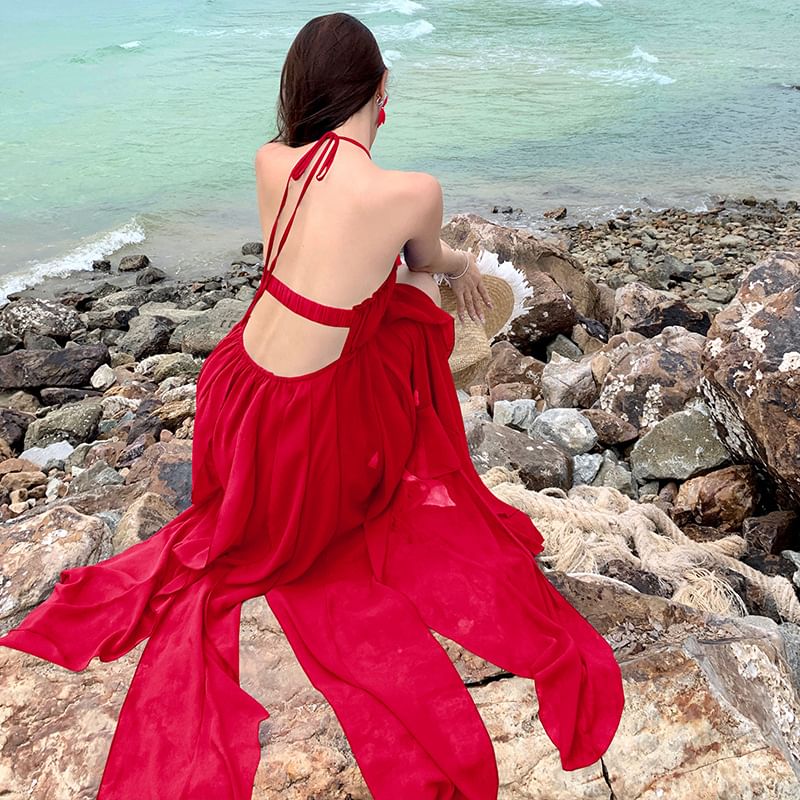 Plain Strap Spaghetti Maxi Neck Trim Ruffle Halter Dress A-Line