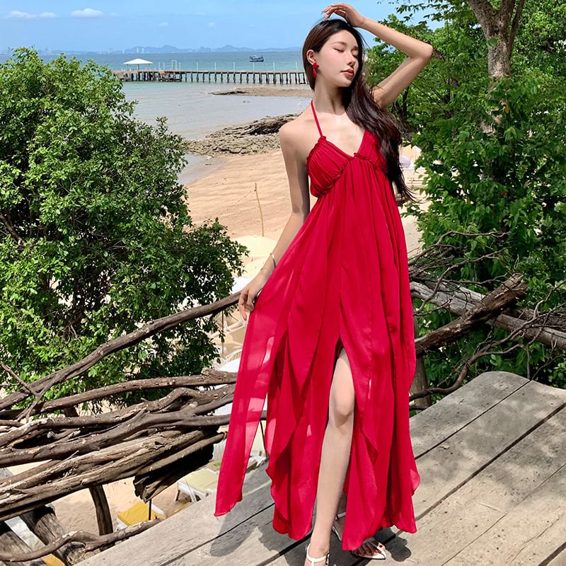 Plain Strap Spaghetti Maxi Neck Trim Ruffle Halter Dress A-Line