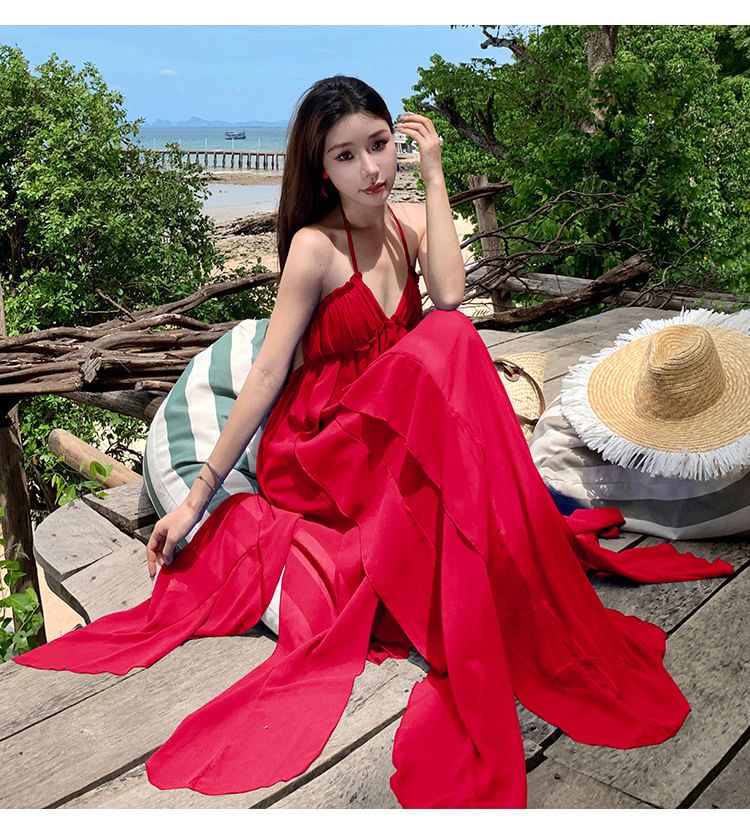 Plain Strap Spaghetti Maxi Neck Trim Ruffle Halter Dress A-Line