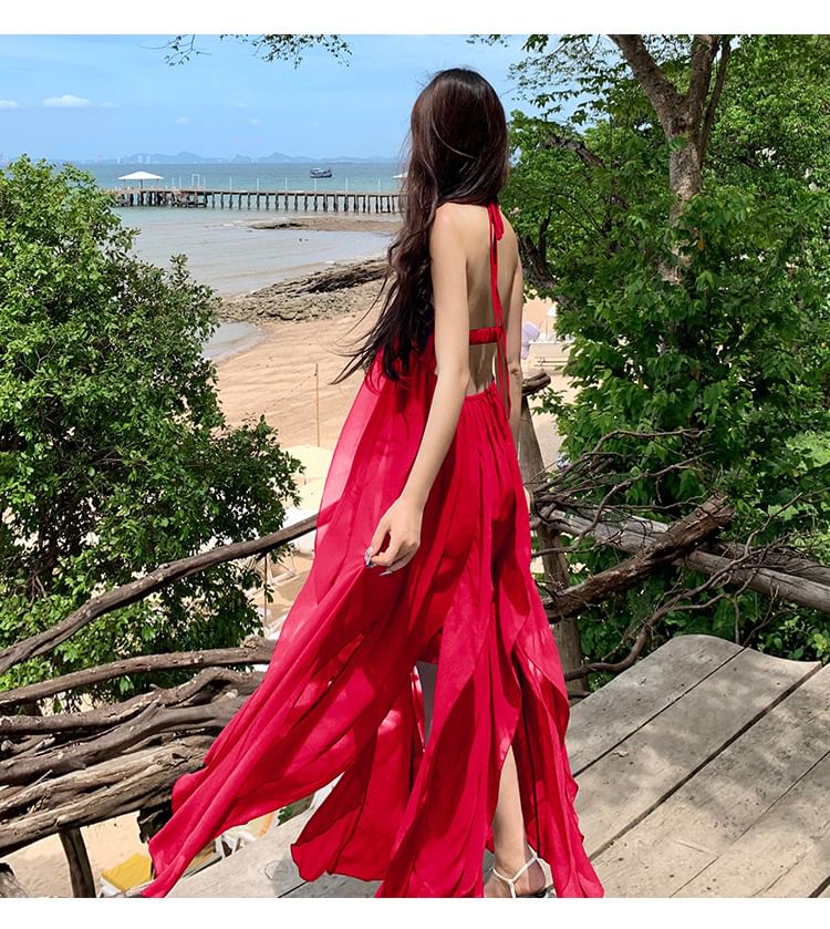 Plain Strap Spaghetti Maxi Neck Trim Ruffle Halter Dress A-Line