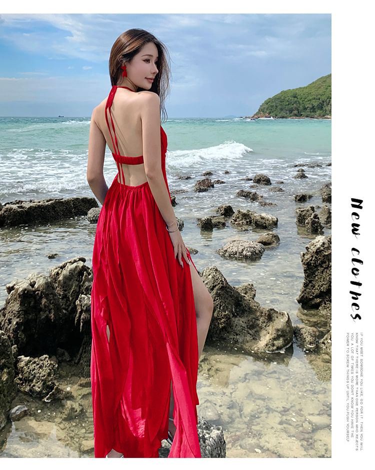 Plain Strap Spaghetti Maxi Neck Trim Ruffle Halter Dress A-Line