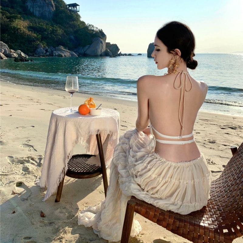 Top Maxi Rise + Halter Plain High Crop Neck Skirt Cami A-Line Set: