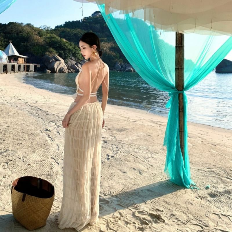 Top Maxi Rise + Halter Plain High Crop Neck Skirt Cami A-Line Set: