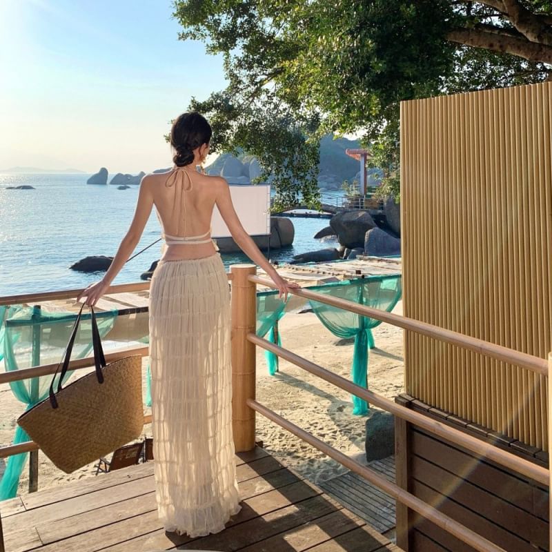 Top Maxi Rise + Halter Plain High Crop Neck Skirt Cami A-Line Set: