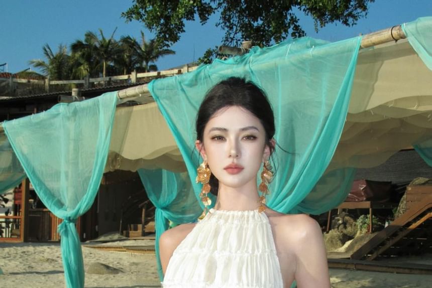 Top Maxi Rise + Halter Plain High Crop Neck Skirt Cami A-Line Set: