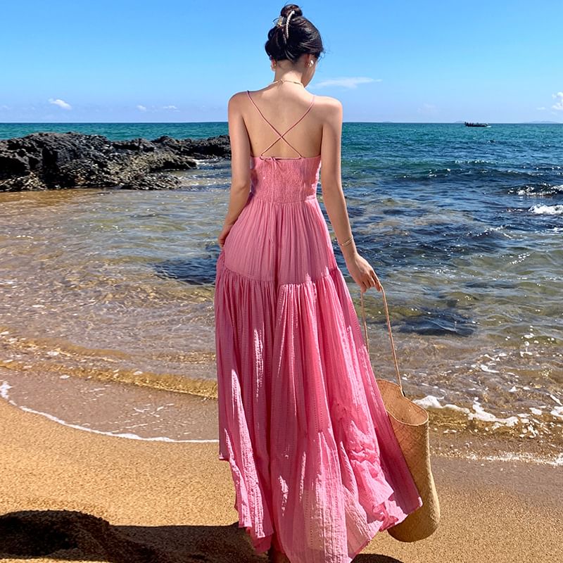 Strap Plain Maxi Textured Dress Spaghetti A-Line