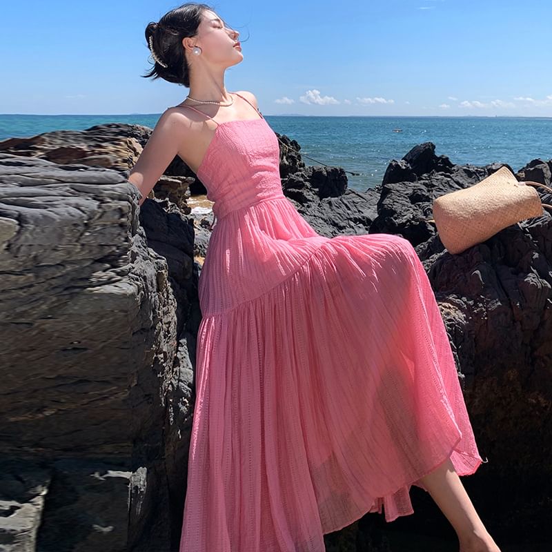 Strap Plain Maxi Textured Dress Spaghetti A-Line