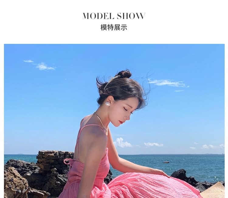 A-Line Spaghetti Dress Plain Textured Strap Maxi