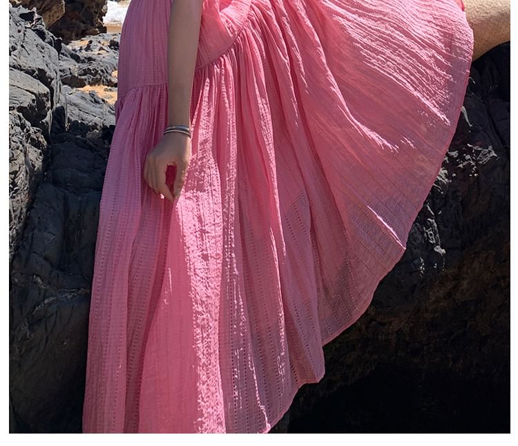 A-Line Textured Plain Dress Spaghetti Strap Maxi