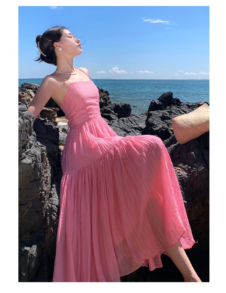A-Line Spaghetti Dress Plain Textured Strap Maxi
