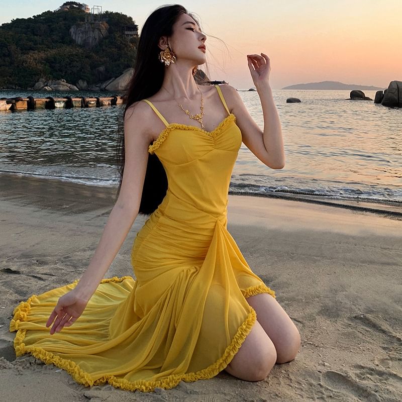 Dress Bodycon Hem Maxi Spaghetti V-Neck Ruffle Plain Strap