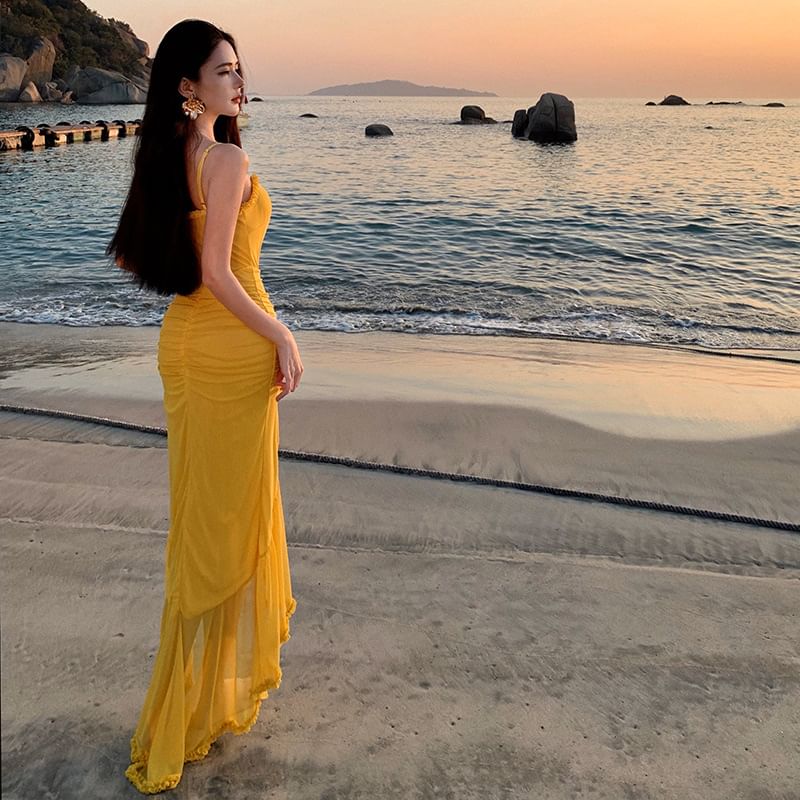 Dress Bodycon Hem Maxi Spaghetti V-Neck Ruffle Plain Strap