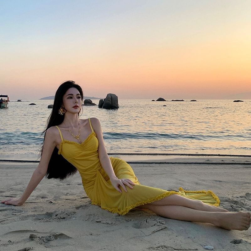 Dress Bodycon Hem Maxi Spaghetti V-Neck Ruffle Plain Strap