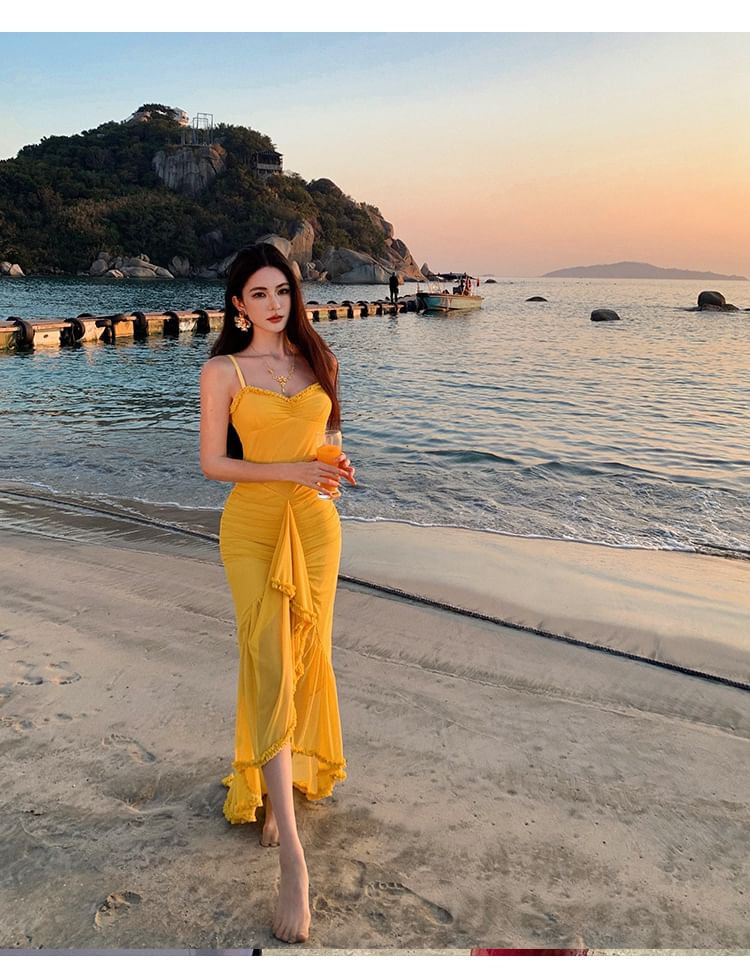 Dress Bodycon Hem Maxi Spaghetti V-Neck Ruffle Plain Strap