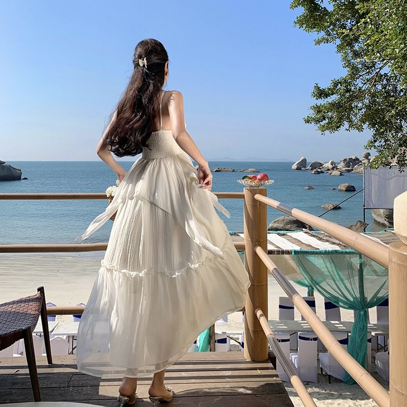 Trim Strap Dress A-Line Spaghetti Ruffle Plain V-Neck Maxi