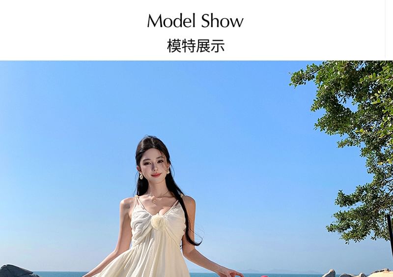 Plain Spaghetti V-Neck Dress Strap Maxi Ruffle A-Line Trim