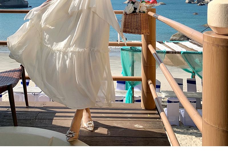 Plain Spaghetti V-Neck Dress Strap Maxi Ruffle A-Line Trim