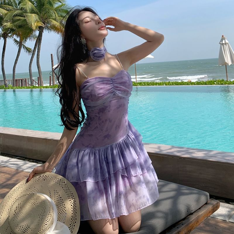 Strap Mini Tie-Dye Spaghetti V-Neck Dress A-Line