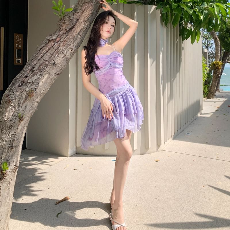 Tie-Dye Strap A-Line V-Neck Spaghetti Mini Dress