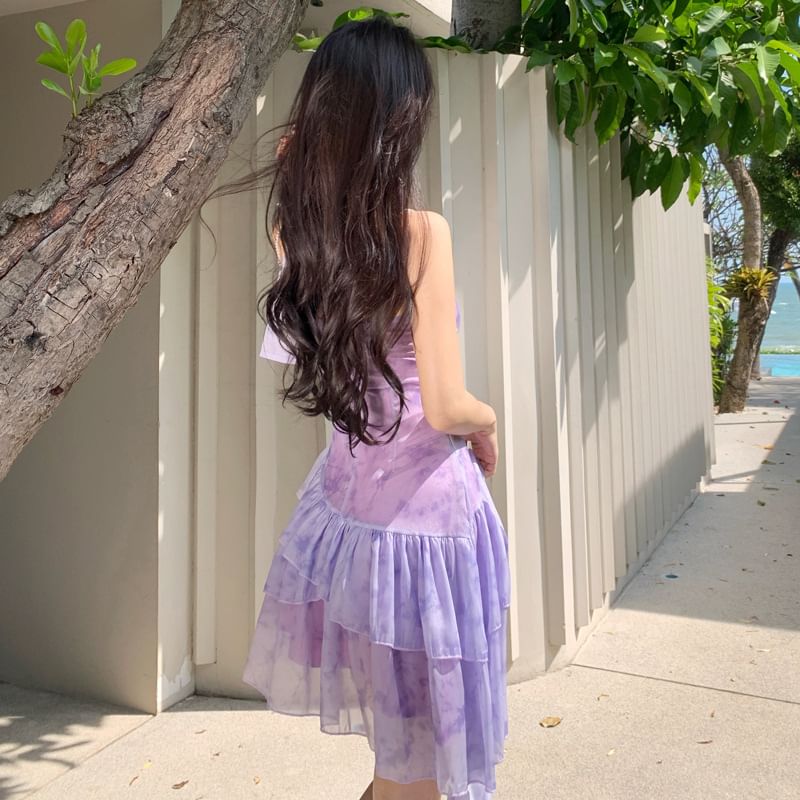 Strap Mini Tie-Dye Spaghetti V-Neck Dress A-Line