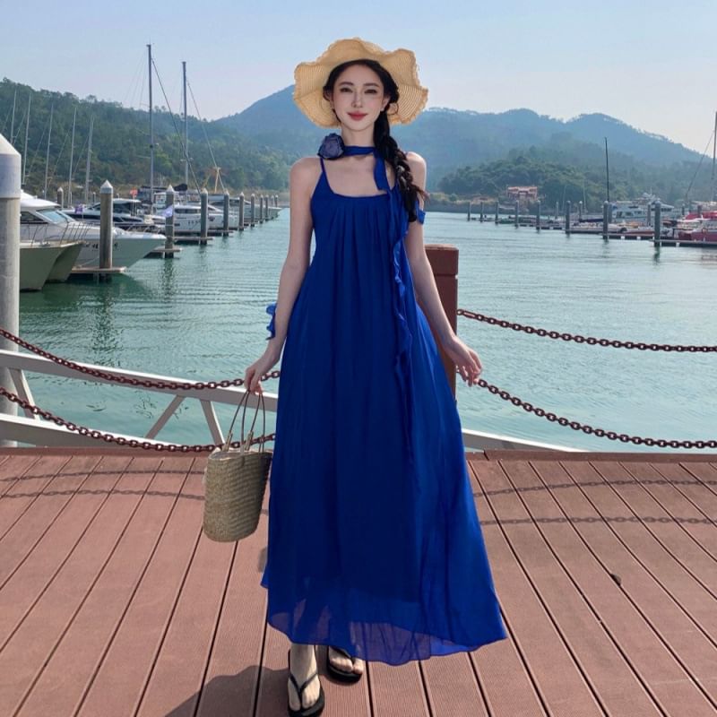 Neck Trim A-Line Spaghetti Dress Plain Ruffle Scoop Strap Maxi