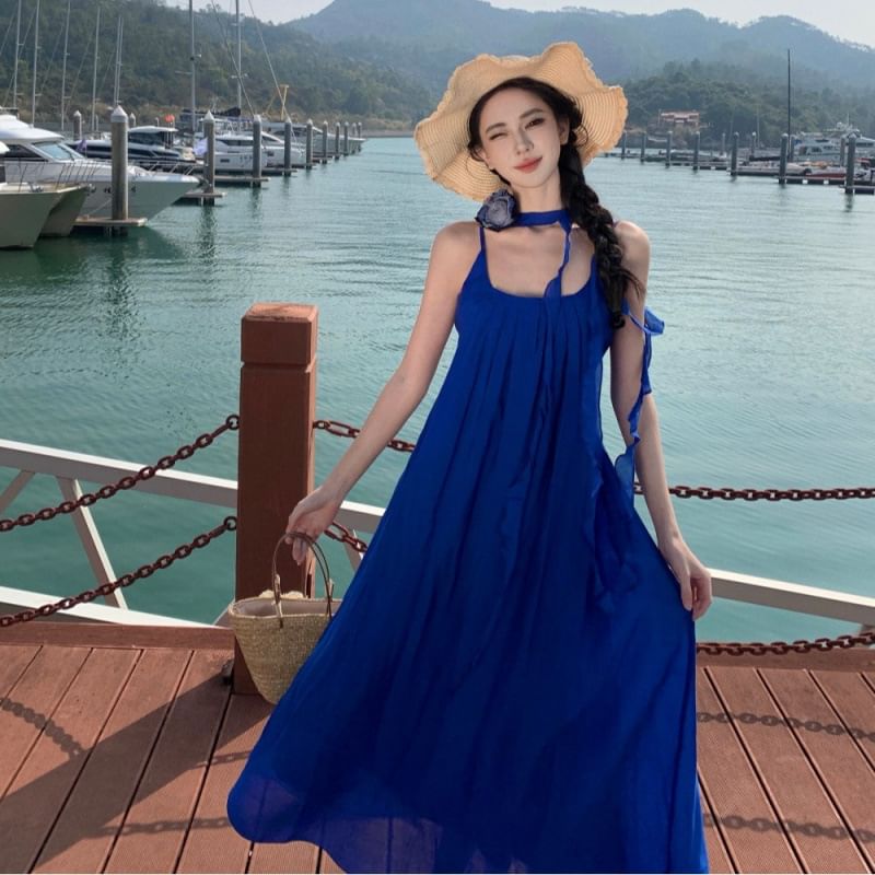 Neck Trim A-Line Spaghetti Dress Plain Ruffle Scoop Strap Maxi
