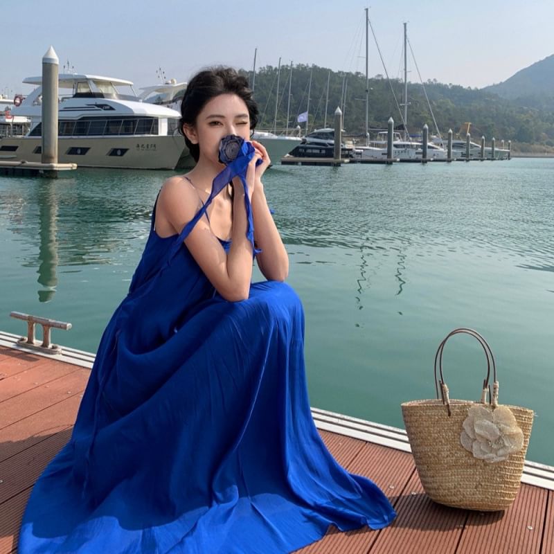 Scoop Spaghetti Plain Neck Strap Trim Dress Maxi Ruffle A-Line