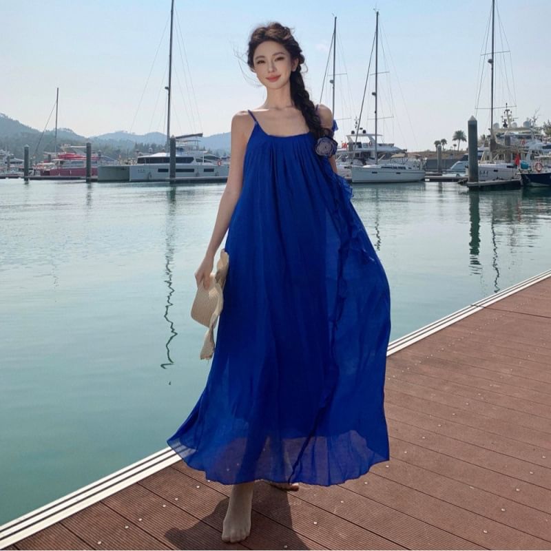 Strap Dress A-Line Ruffle Scoop Maxi Plain Spaghetti Neck Trim