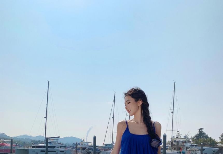 Neck Trim A-Line Spaghetti Dress Plain Ruffle Scoop Strap Maxi