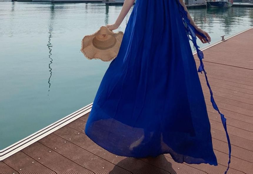 Strap Dress A-Line Ruffle Scoop Maxi Plain Spaghetti Neck Trim