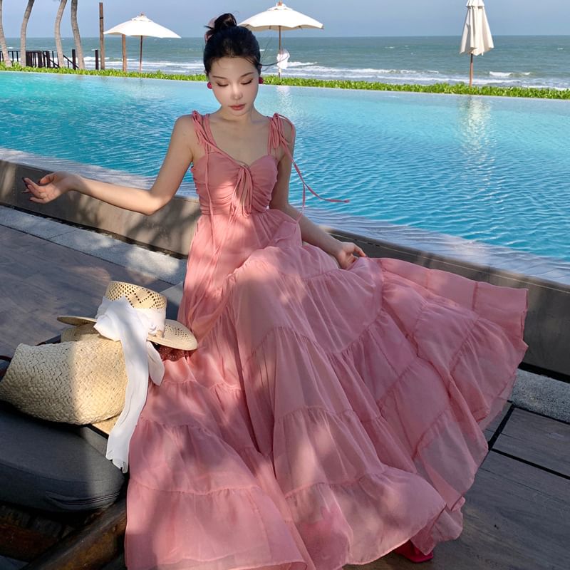 Maxi V-Neck Trim A-Line Ruffle Dress Strap Spaghetti Plain