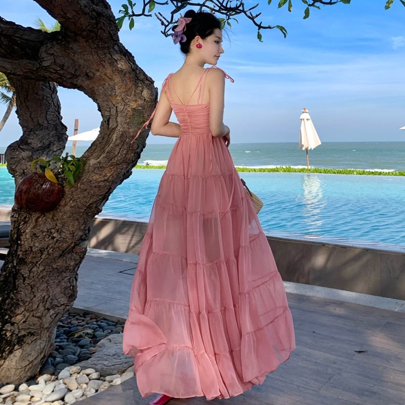 Maxi V-Neck Trim A-Line Ruffle Dress Strap Spaghetti Plain