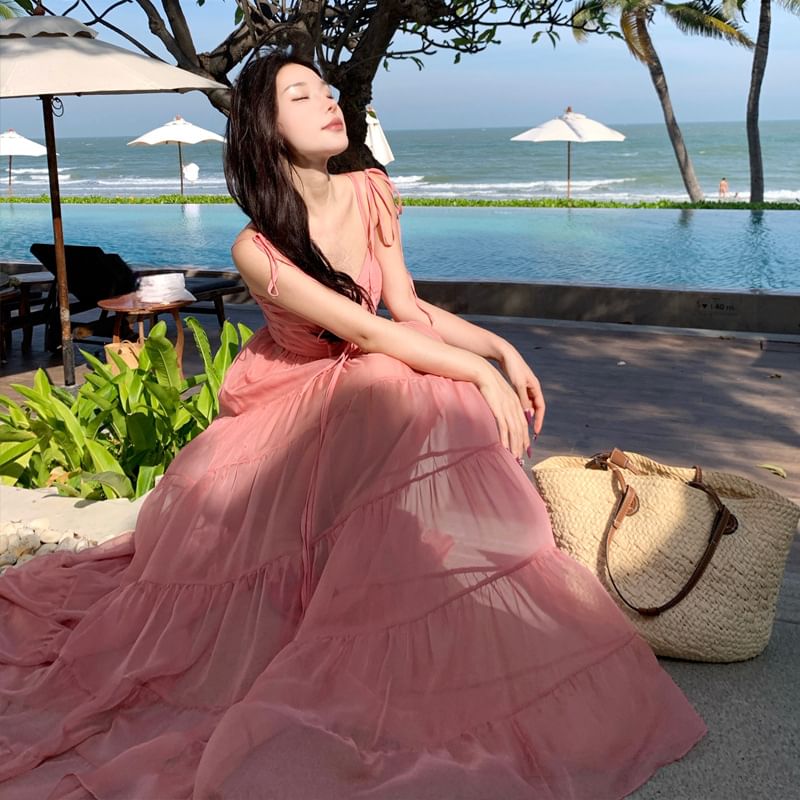 Maxi V-Neck Trim A-Line Ruffle Dress Strap Spaghetti Plain