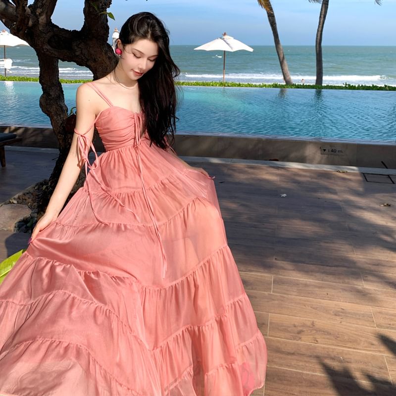 Maxi V-Neck Trim A-Line Ruffle Dress Strap Spaghetti Plain