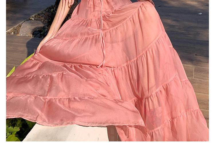 Maxi V-Neck Trim A-Line Ruffle Dress Strap Spaghetti Plain