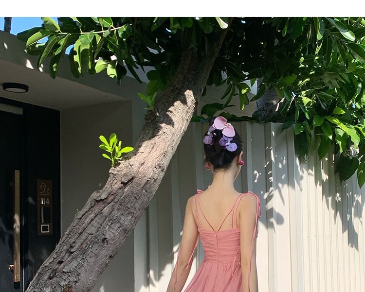 Maxi V-Neck Trim A-Line Ruffle Dress Strap Spaghetti Plain